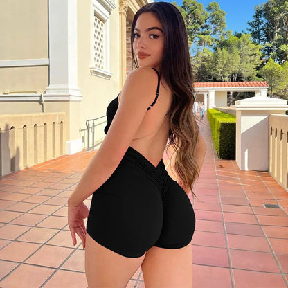 Macacão curto Hugcitar, liso, sem mangas, com decote nas costas, franzido, sexy e justo ao corpo, ideal para o outono, férias e festas.