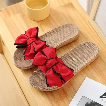 Chinelo feminino casual de verão, confortável, em linho listrado com laço, sandália plataforma, ideal para uso interno.