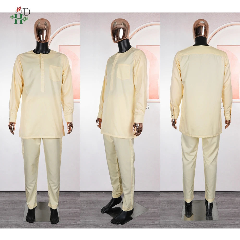 Conjunto H&D Africano de 3 Peças (Top e Calça) para Homens, Bordado Amarelo, Roupa Tradicional Africana para Uso Diário, Casamento, Festa, Tamanhos Grandes, 2026