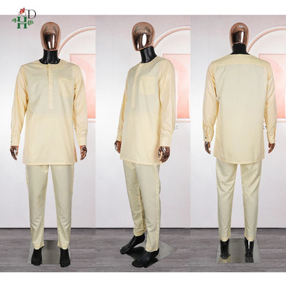 Conjunto H&D Africano de 3 Peças (Top e Calça) para Homens, Bordado Amarelo, Roupa Tradicional Africana para Uso Diário, Casamento, Festa, Tamanhos Grandes, 2026