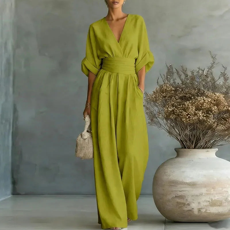 2026 Deep V Neck Women's Jumpsuits Elegant Solid High Waist Rompers Casual Wide Leg Pants Pocket Overalls Vacation Outfit Loose