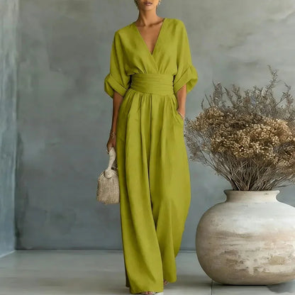 2026 Deep V Neck Women's Jumpsuits Elegant Solid High Waist Rompers Casual Wide Leg Pants Pocket Overalls Vacation Outfit Loose