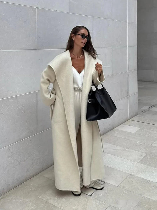 Casaco de Lã Elegante com Gola Marinho e Amarração, Decote em V, Manga Longa, Bolso, Sobretudo Feminino para Primavera 2026