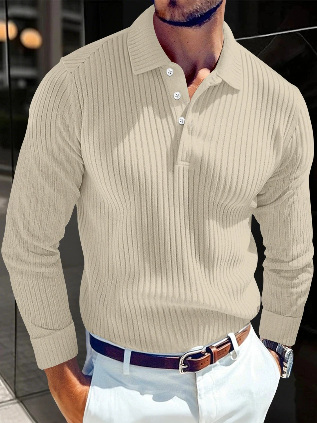 2025 primavera e outono novos homens cor sólida listrado botão gola de malha manga longa topo negócios casual respirável camisa polo