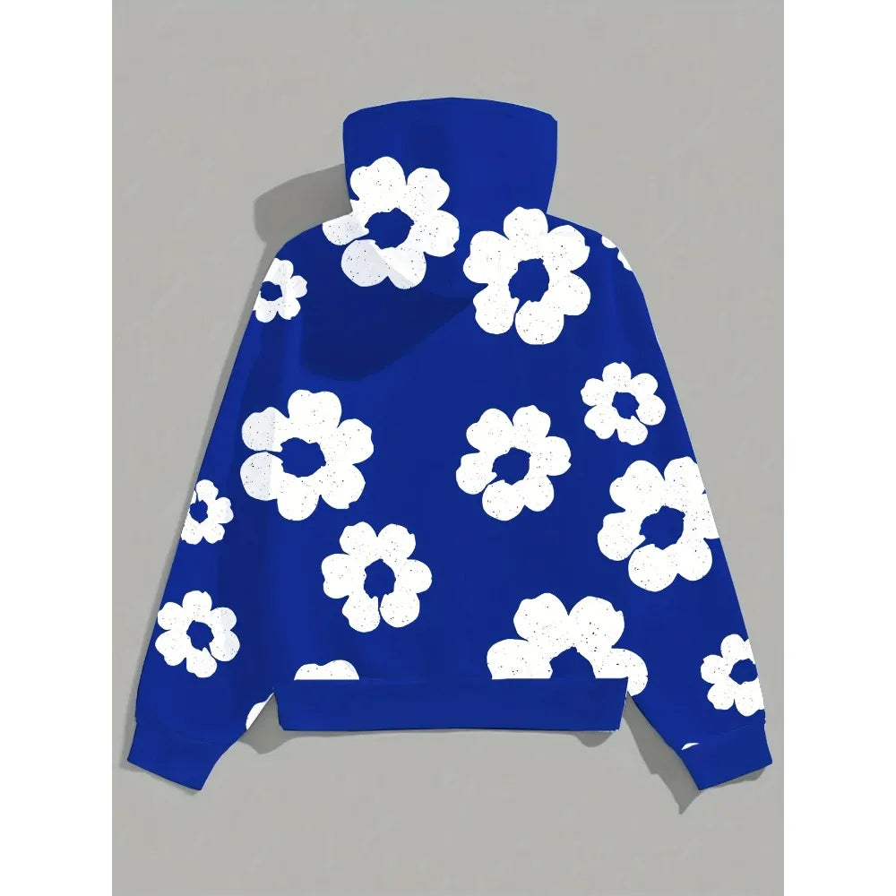 Men'S Casual Black Hoodie with White Floral Print Trendy Long Sleeve Pullover Regular Fit Slight Stretch Fabric Y2K Streetwear