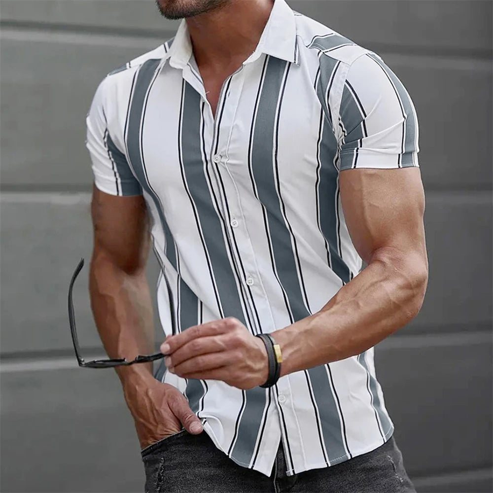 Camiseta listrada de manga curta com botão havaiano masculina, blusa xadrez, roupa de praia vermelha, camisa preta e branca, roupas masculinas, verão