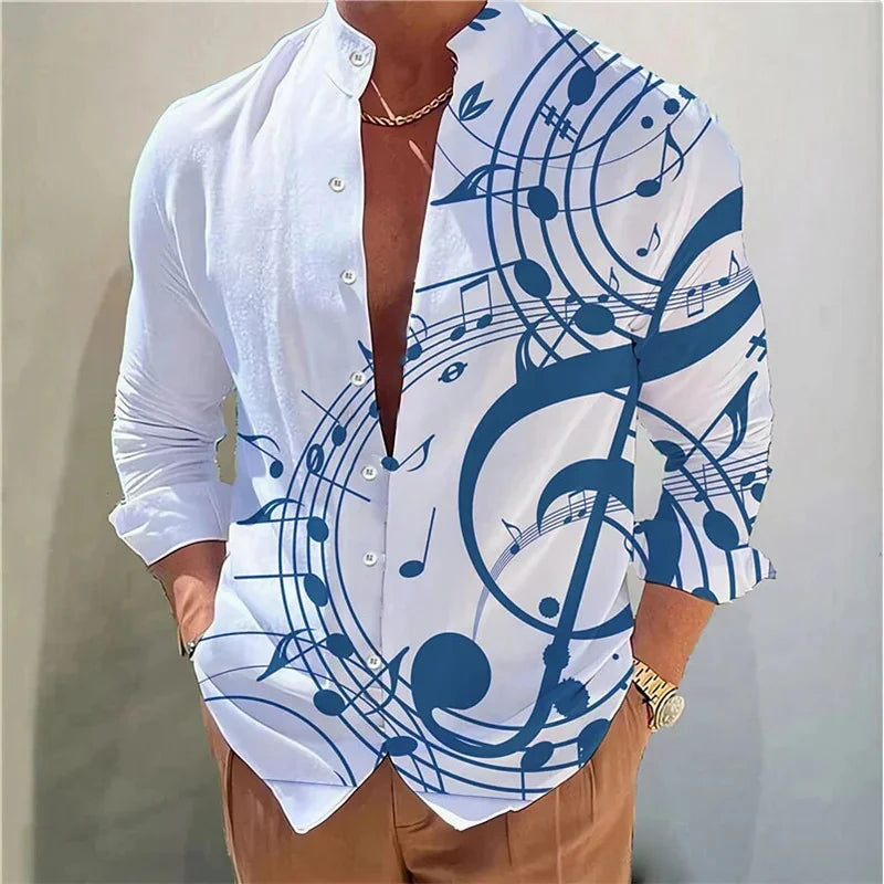 Camisa masculina de manga comprida Camisa impressa em 3D de alta qualidade, padrão floral, primavera e outono, tecido casual e elegante e confortável