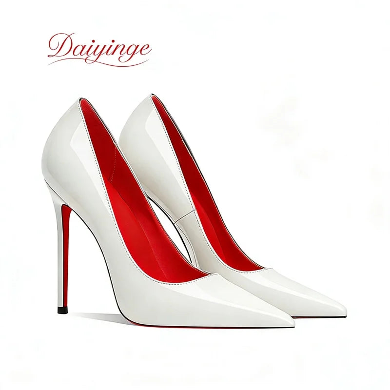 Sapatos femininos da tendência 2026: luxuosos, com sola vermelha, salto alto, bico fino, scarpin agulha de 12 cm, confortáveis para festas e casamentos.