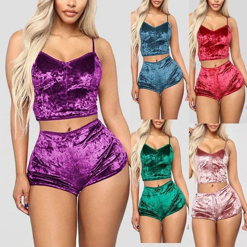 Conjunto de pijama de veludo sem mangas feminino, roupa interior confortável com decote em v, blusa e shorts, poliéster Homewear, 2 peças por conjunto