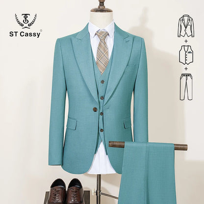 Conjunto de Terno Masculino ST Cassy Novo Estilo Fino de Três Peças Verde Slim Fit Formal para Escritório (jaqueta+colete+calças)