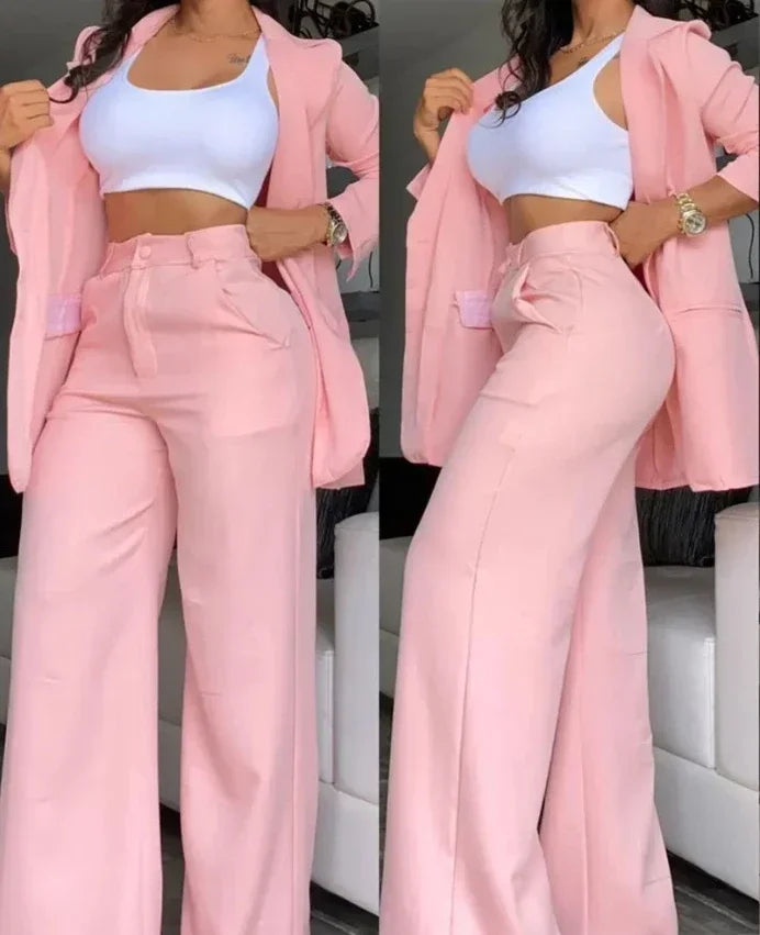 Elegante outono feminino blazer e calças conjunto de duas peças roupas femininas moda gola entalhada casaco & bolso design calças terno