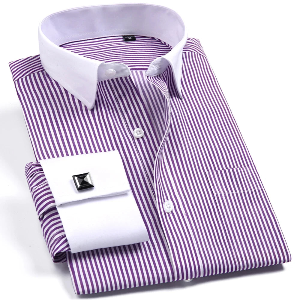 Camisa masculina com gola espalhada, punho francês, manga comprida, botões formais de negócios, camisas de casamento masculinas, ajuste regular, camisa com abotoaduras