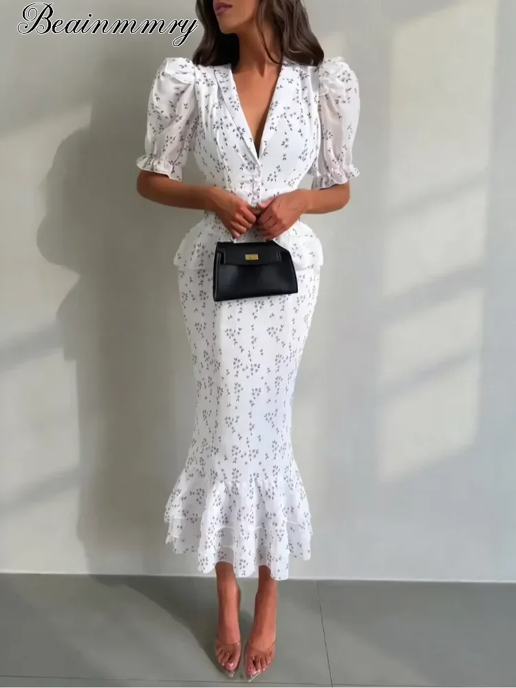 Vestido Midi Plissado com Decote em V e Cintura Marcada, Manga Curta com Lapela, Cintura Alta, Elegante, Novo, Feminino, Verão