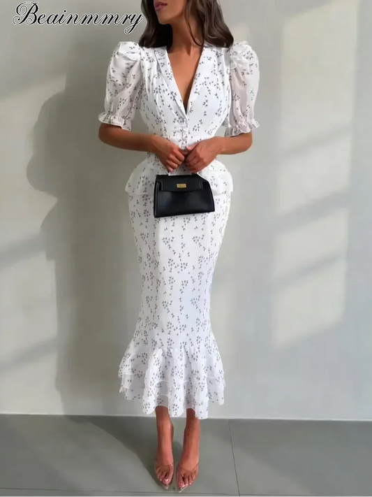 Vestido Midi Plissado com Decote em V e Cintura Marcada, Manga Curta com Lapela, Cintura Alta, Elegante, Novo, Feminino, Verão