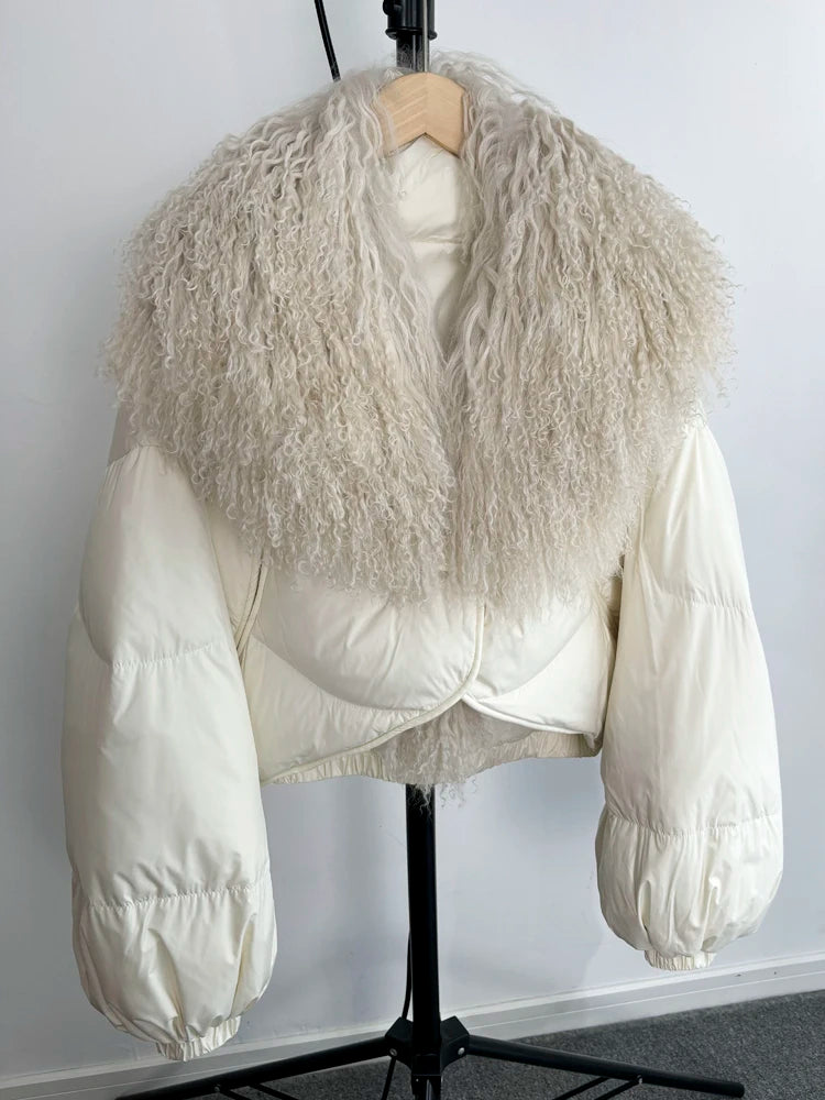 Janveny-Casaco de ovelha mongol de penas curtas para mulheres, 90% Duck Down Parkas, casaco de inverno feminino, 2024