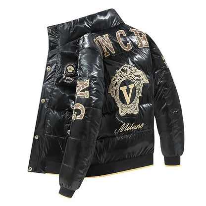 Novo casaco de moda brilhante, estilo europeu, bordado, masculino, com gola alta, acolchoado com algodão, grosso e quente.