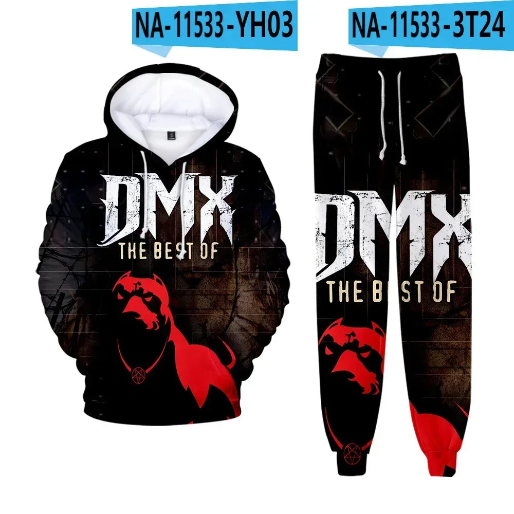 Hip hop rapper dmx impressão 3d conjuntos de treino masculino moda terno esportivo moletom com capuz + moletom roupas masculinas 2 peças conjunto
