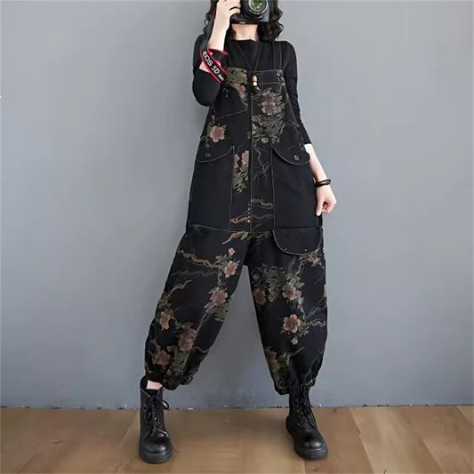 Vintage impressão floral denim macacão feminino solto perna larga alças largas calças de carga streetwear tamanho grande preto jeans macacão femme