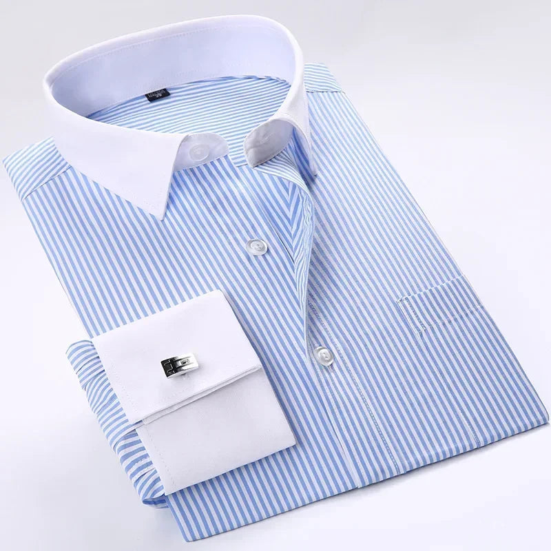 Quality French Cufflinks Shirt Men's Long Sleeve Tuxedo Male Brand Slim Fit White Button Cuff Social Men Dress Shirts