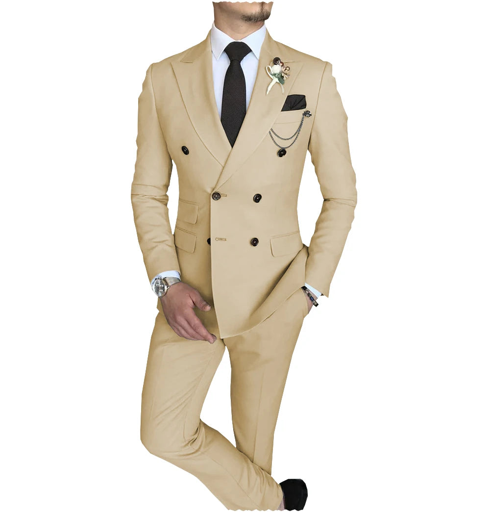 Terno slim fit trespassado masculino, jaqueta Peak Lapel, casual de negócios, blazer e calça de casamento, 2 peças