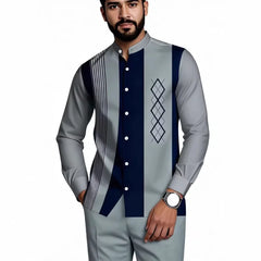 Camisa Masculina de Manga Longa com Gola Mandarim e Estampa Listrada de Diamante, Blusa Casual com Botões