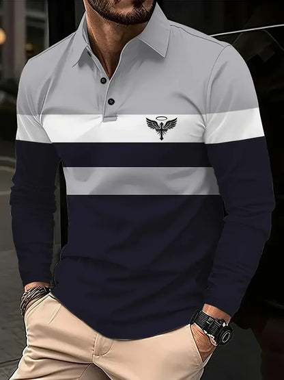 Classic minimalist striped long-sleeved men's polo shirt, fashionable autumn and winter men's casual golf oversized sportswear