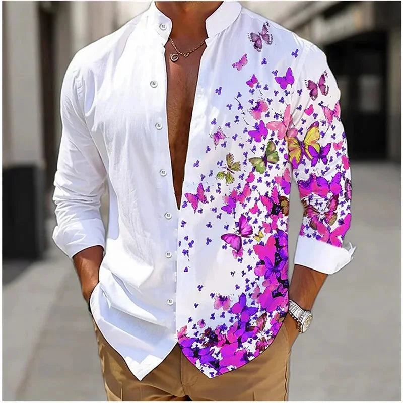 Camisa masculina de manga comprida Camisa impressa em 3D de alta qualidade, padrão floral, primavera e outono, tecido casual e elegante e confortável