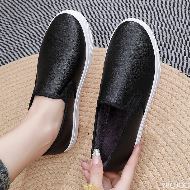 Inverno feminino quente e impermeável pu trabalho sapatos de algodão versátil um pé casual fundo plano anti deslizamento sapatos de placa vulcanizada