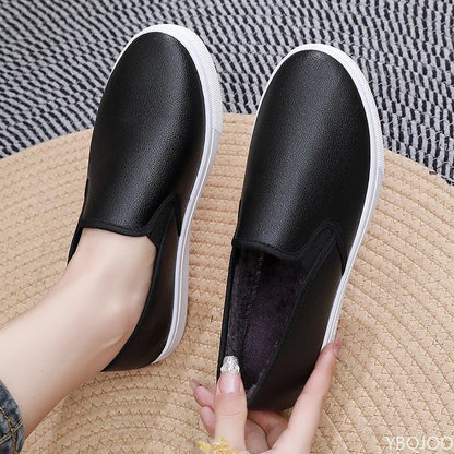 Inverno feminino quente e impermeável pu trabalho sapatos de algodão versátil um pé casual fundo plano anti deslizamento sapatos de placa vulcanizada