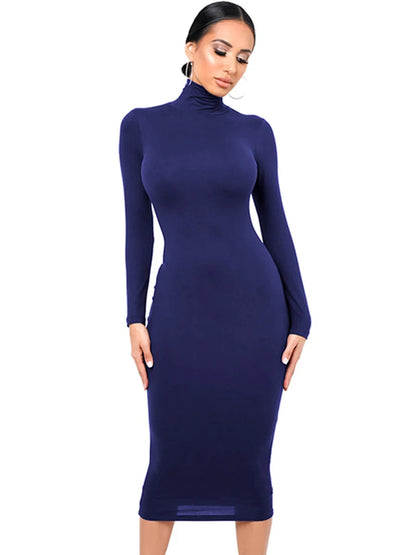 Vestido midi justo de gola alta preta de inverno, manga longa, modelagem justa, estilo boycon, casual, azul felpudo, na altura do joelho, para festas e baladas.