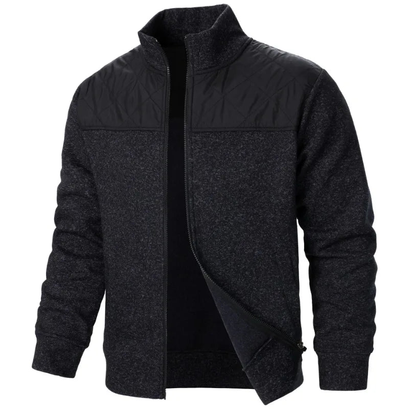 Jaqueta masculina patchwork com gola alta, corte slim, estilo cardigã, streetwear, esportiva, casual, com zíper, ideal para atividades ao ar livre.