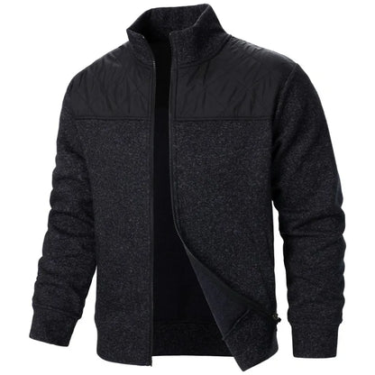 Jaqueta masculina patchwork com gola alta, corte slim, estilo cardigã, streetwear, esportiva, casual, com zíper, ideal para atividades ao ar livre.
