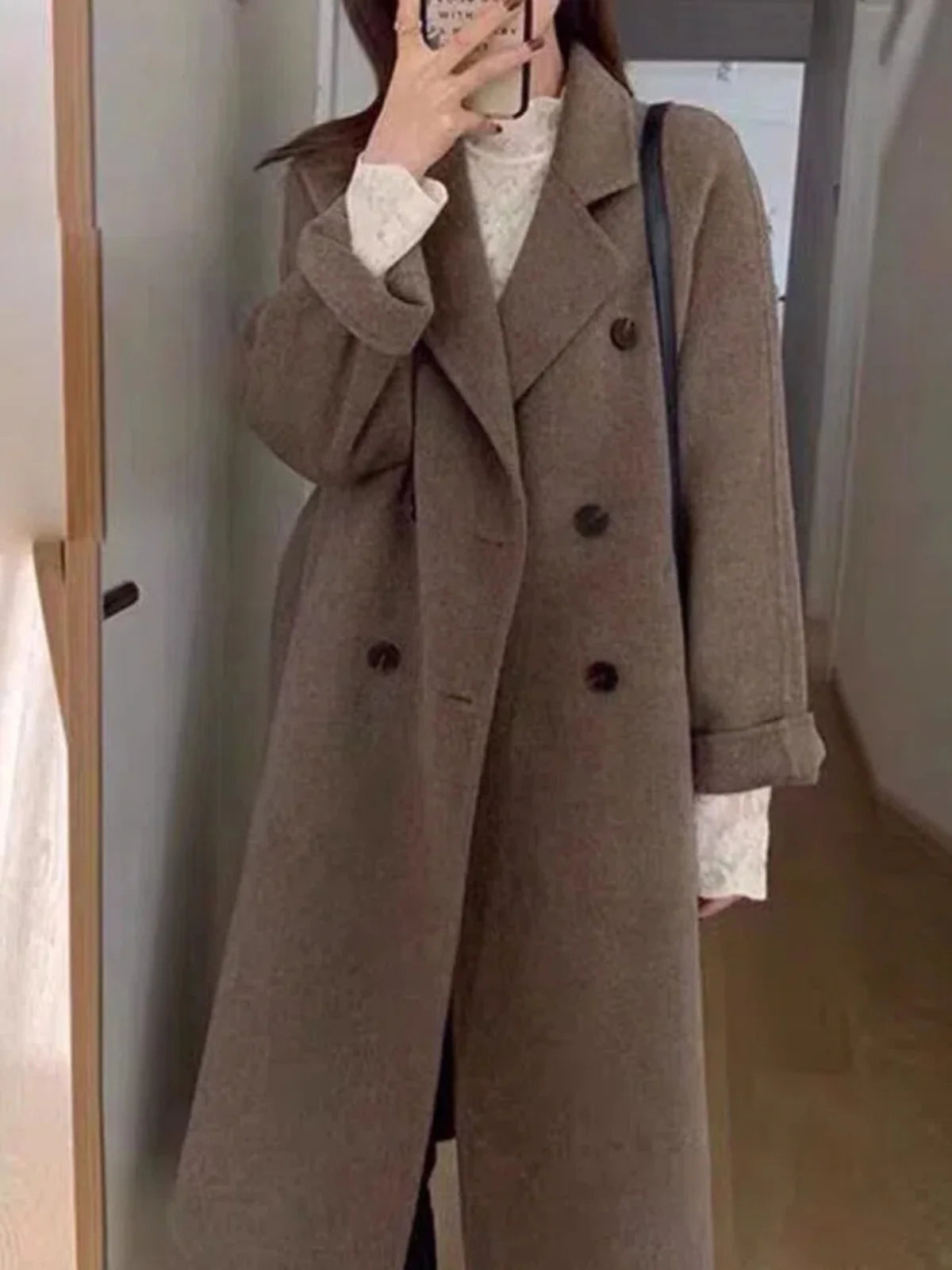 Casaco clássico de lã com abotoamento duplo, comprimento médio, feminino, estilo coreano, corte reto, longo, para outono/inverno