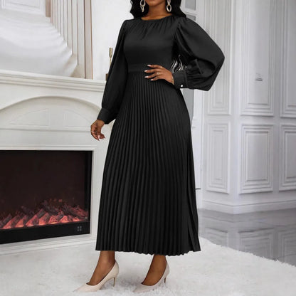 Pleated Dress Women Lantern Sleeves Long Dresses Round Collar Tight Waist A Line Spring 2026 Vestidos Office Lady Maxi Gown