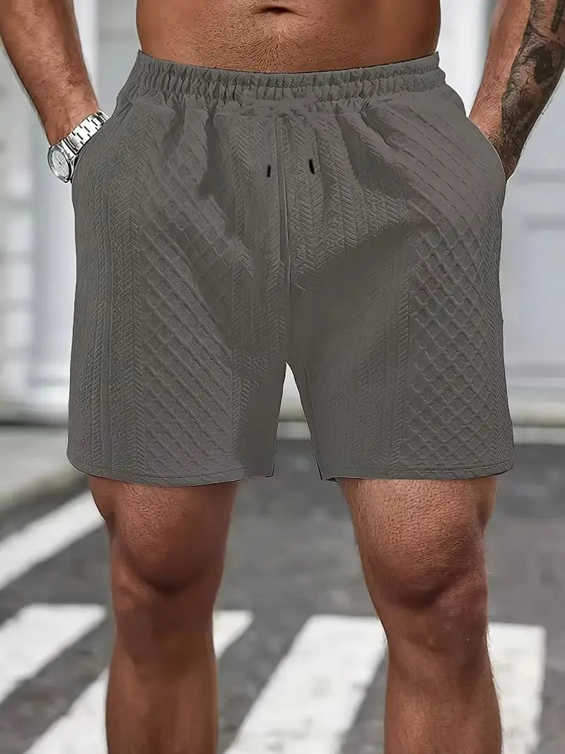 Shorts Casuais Masculinos de Malha Texturizada, Shorts de Verão com Cintura Elástica e Cordão com Bolsos para Uso Diário e Urbano