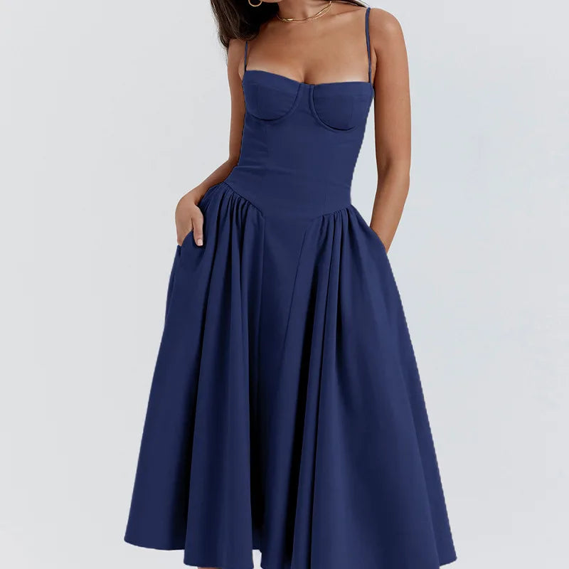 Elegante vestido plissado sem encosto sem mangas feminino, vestido Midi monocromático, vestido feminino de festa à noite, sexy, verão, 2024
