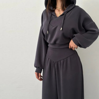 Casual sólido com capuz recortado moletom calça conjunto feminino solto com capuz cintura alta calças de perna larga 2026 primavera senhora chique outfit novo