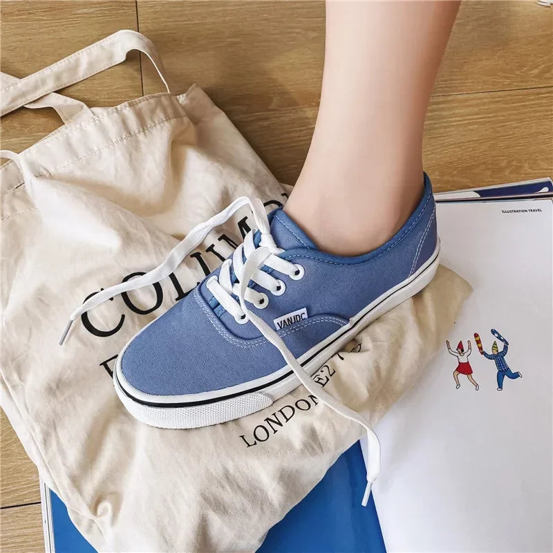 Casual apartamentos tênis de lona feminino ao ar livre cor sólida rasa sapatos esportivos tênis feminino streetwear rendas até sapatos vulcanizados