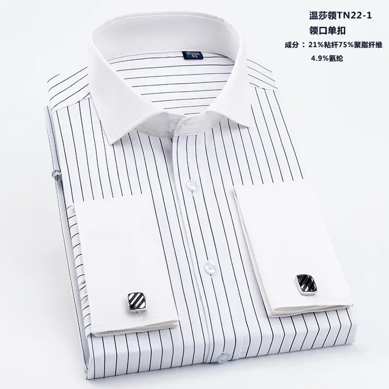 Qualidade masculina abotoaduras francesas camisa botão escondido camisa masculina manga longa casual fino ajuste manguito camisas de vestido (abotoaduras incluídas)