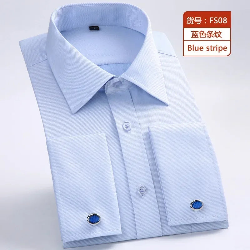 Qualidade e suave formal masculino francês manguito vestido camisa masculina manga longa sólido listrado estilo camisas masculinas abotoaduras incluem plus size