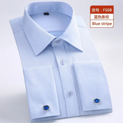 Qualidade e suave formal masculino francês manguito vestido camisa masculina manga longa sólido listrado estilo camisas masculinas abotoaduras incluem plus size