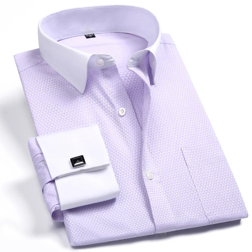 Camisa masculina com gola espalhada, punho francês, manga comprida, botões formais de negócios, camisas de casamento masculinas, ajuste regular, camisa com abotoaduras