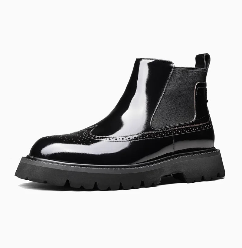 Estilo britânico masculino couro genuíno chelsea brogue em relevo botas curtas de alta qualidade sapatos de negócios sola grossa brilhante