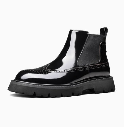 Estilo britânico masculino couro genuíno chelsea brogue em relevo botas curtas de alta qualidade sapatos de negócios sola grossa brilhante