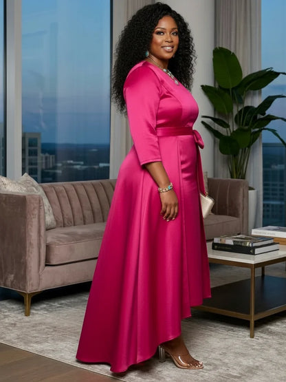 Vestido de Cetim Plus Size com Manga 3/4, Cinto na Cintura e Barra Assimétrica para Ocasiões Formais Femininas - Nova Chegada