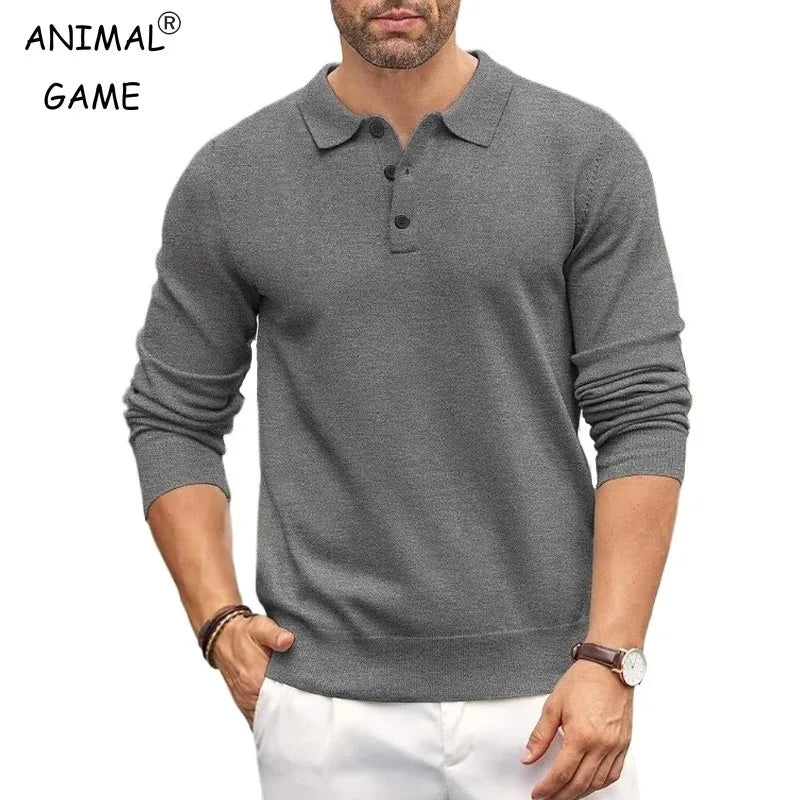 Animal jogo masculino botão polo camisas magro mock neck camisa de malha polo suéteres vestido casual jumper inverno pulôver térmico camisola