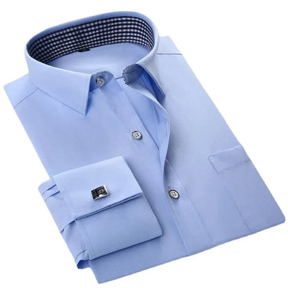 Quality French Cufflinks Shirt Men's Long Sleeve Tuxedo Male Brand Slim Fit White Button Cuff Social Men Dress Shirts