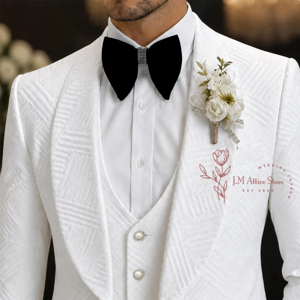 Terno de Casamento Masculino de Alta Costura Branco para Noivo, 3 Peças, com Blazer Jacquard de Lapela Xale, Colete e Calças Pretas, Conjunto Formal Slim Fit