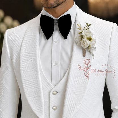Terno de Casamento Masculino de Alta Costura Branco para Noivo, 3 Peças, com Blazer Jacquard de Lapela Xale, Colete e Calças Pretas, Conjunto Formal Slim Fit