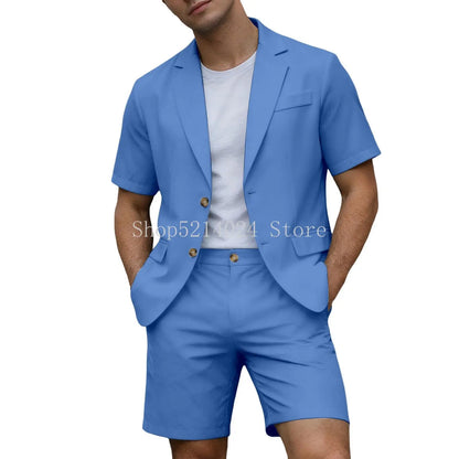Conjuntos para Homens Blazer de Manga Curta e Calças Curtas Leves para Casamento, Festa, Negócios e Trajes Formais
